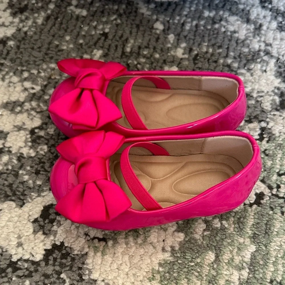 New Boutique Toddler Girl Dress Shoes Pink Bow Front Comfort Padding Size 6.5